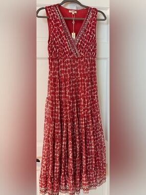Max Studio Red Floral V-Neck Tiered Maxi Skirt